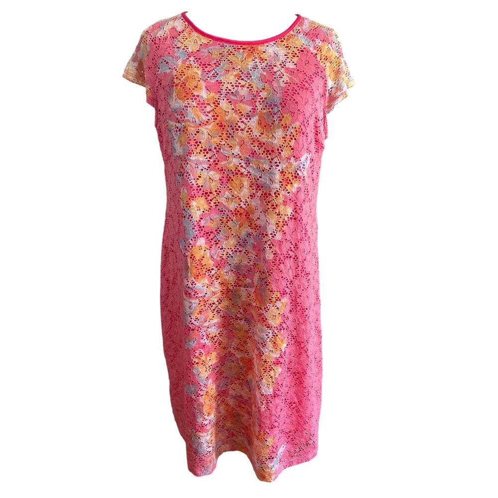 Ronni Nicole Womens Pink Floral Lace Dress Size 12 Short Sleeve Keyhole Back